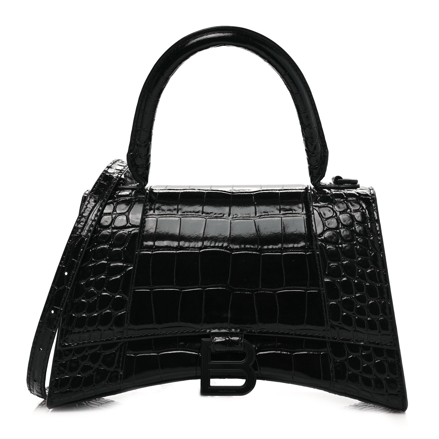 Balenciaga Shiny Calfskin Monochrome Crocodile Embossed Small Hourglass Top Handle Bag Black 1 of 8
