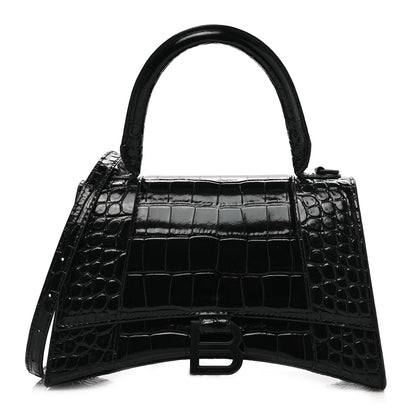 Balenciaga Shiny Calfskin Monochrome Crocodile Embossed Small Hourglass Top Handle Bag Black 1 of 8