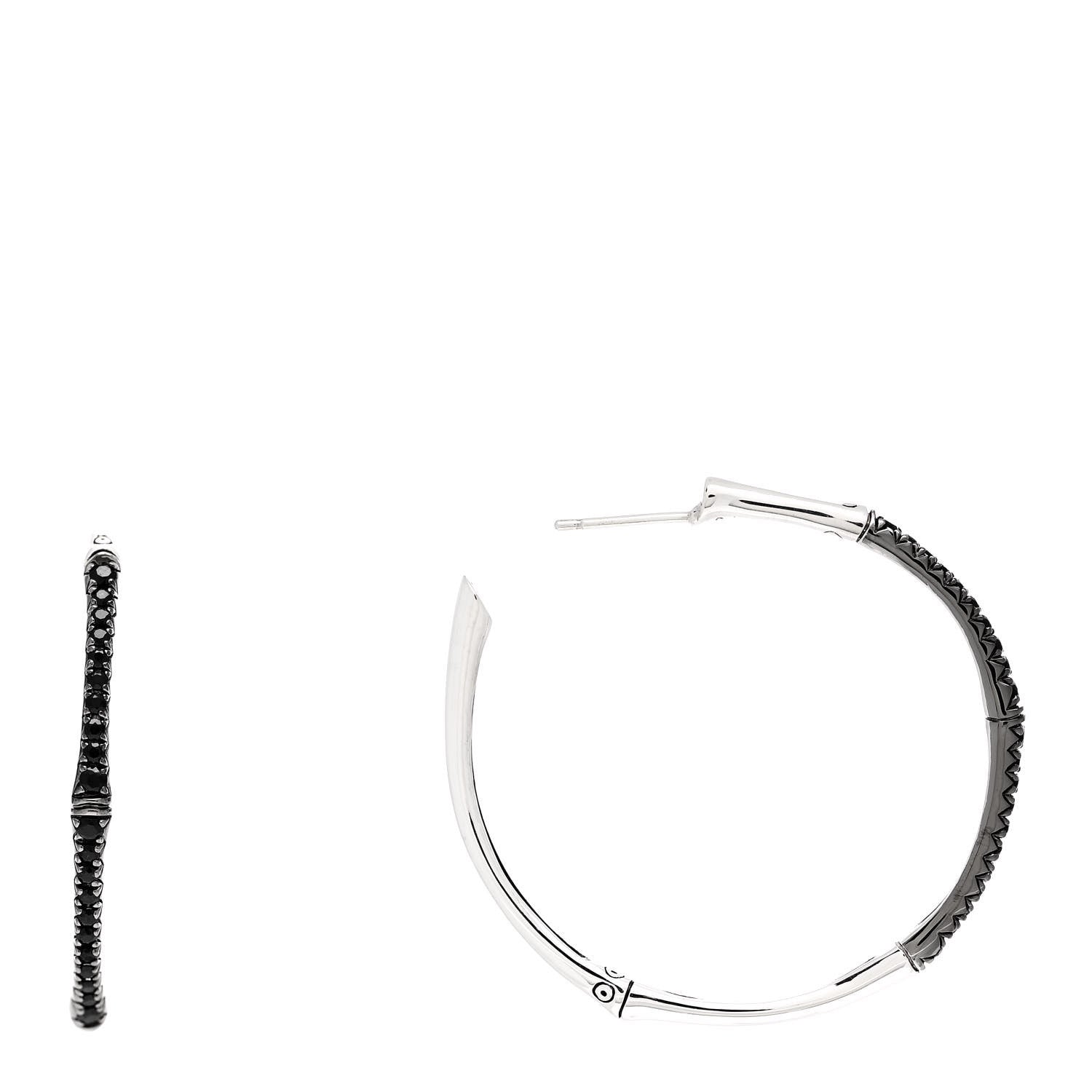 John Hardy Sterling Silver Black Sapphire Large Bamboo Hoop Earrings 1 of 5