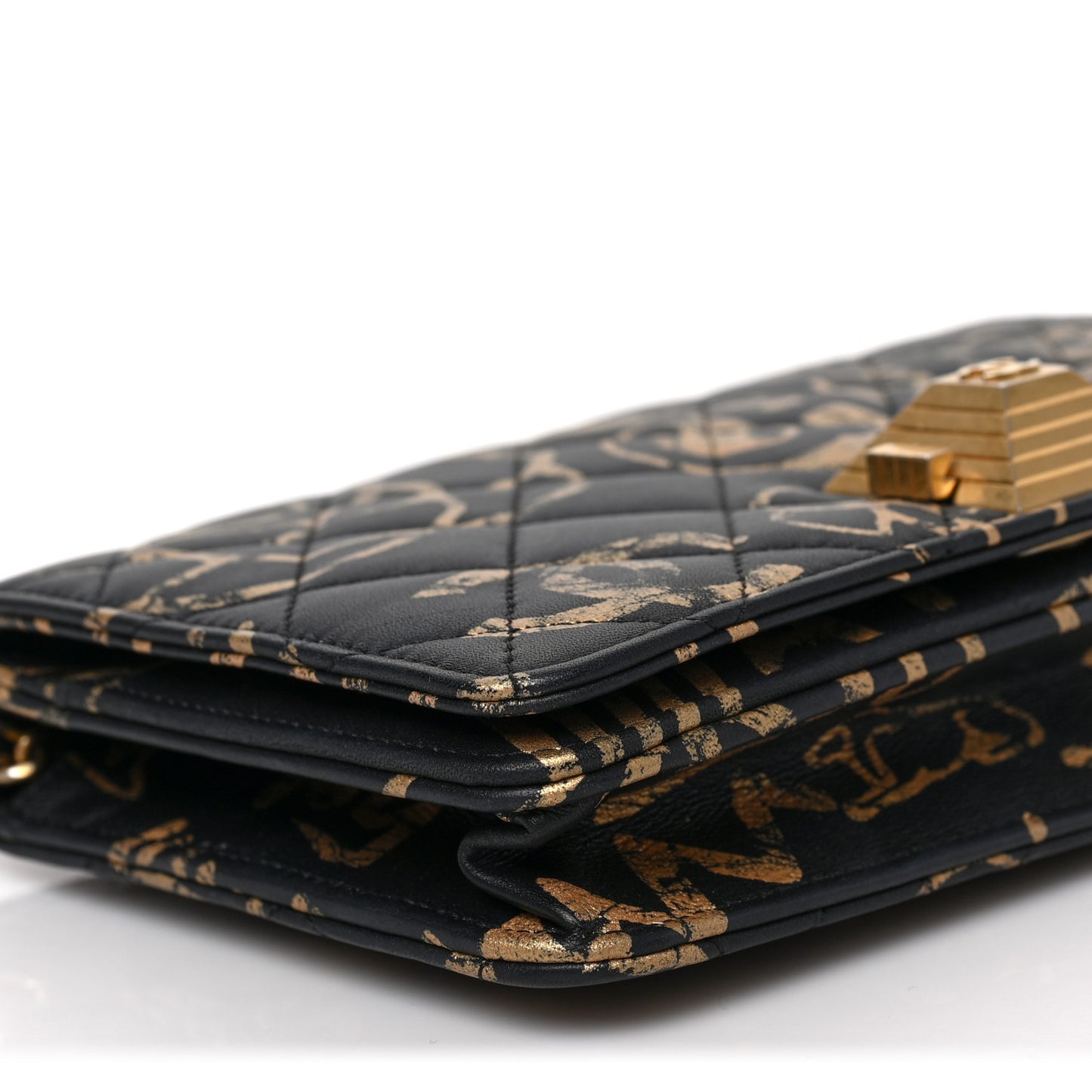 Calfskin Quilted Graffiti Pyramid Wallet On Chain WOC Black