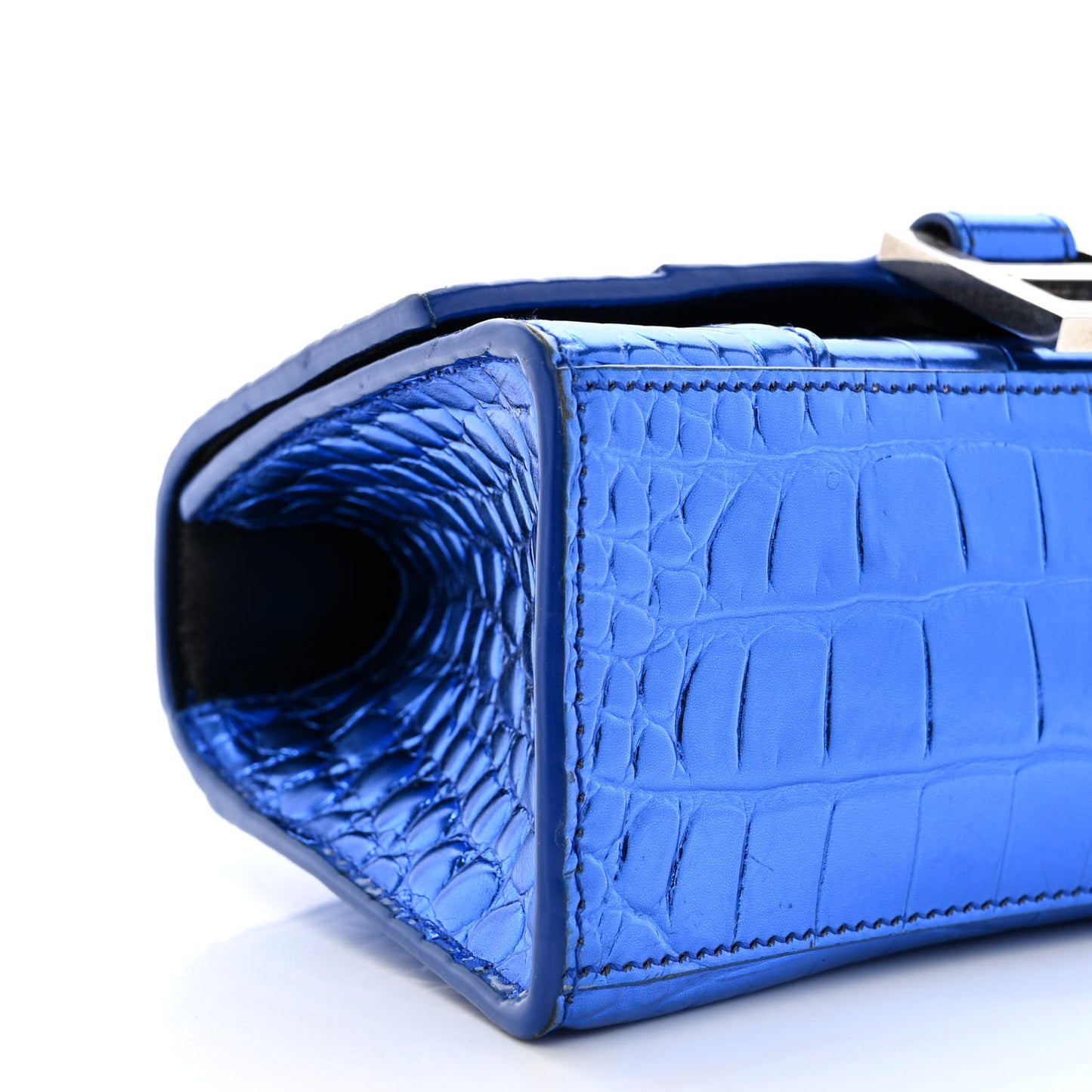 Metallic Shiny Calfskin Crocodile Embossed Hourglass Top Handle Bag XS Royal Blue