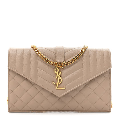 Saint Laurent Grain De Poudre Mixed Matelasse Triquilt Monogram Chain Wallet Dark Beige 1 of 14