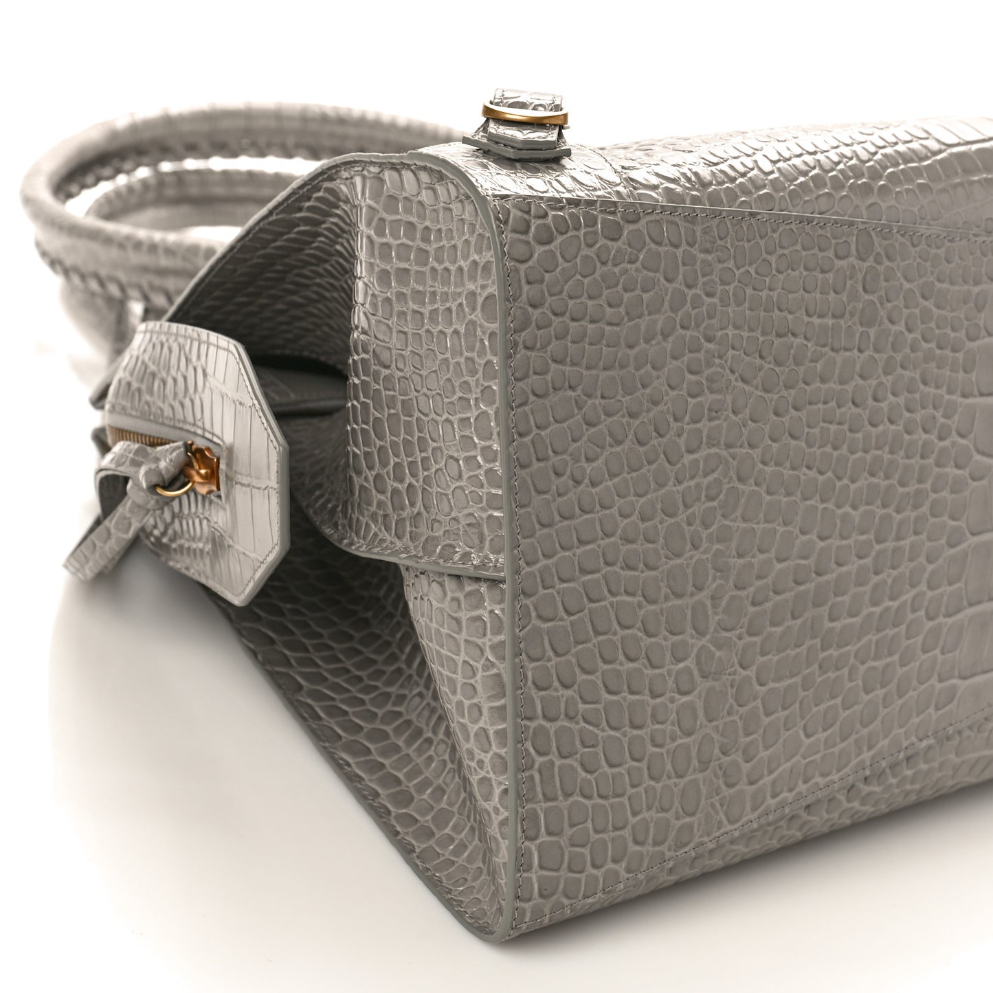 Semi Matte Calfskin Crocodile Embossed Neo Classic Gold Hardware Large Top Handle Bag Steel Grey