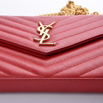 Saint Laurent Grain De Poudre Matelasse Chevron Monogram Chain Wallet New Red 11 of 12