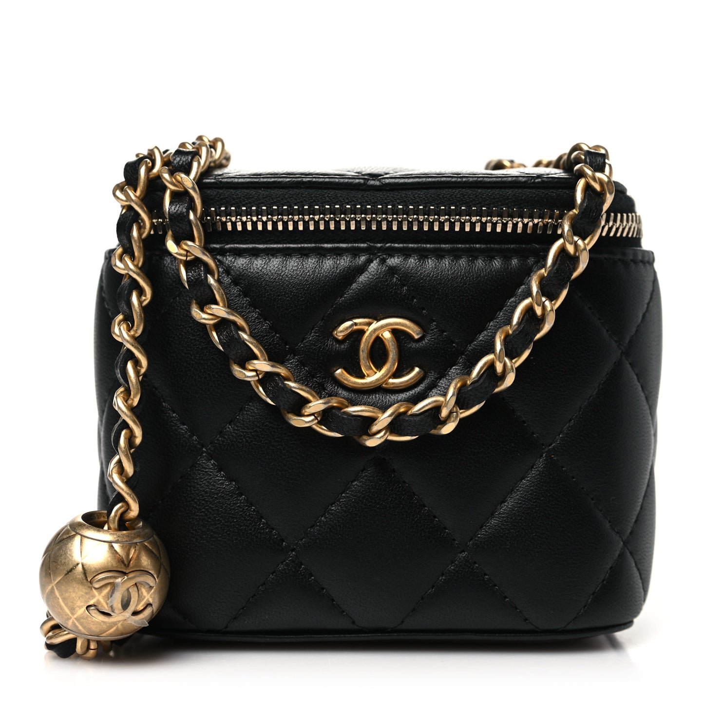 Lambskin Quilted Mini Pearl Crush Vanity Case With Chain Black