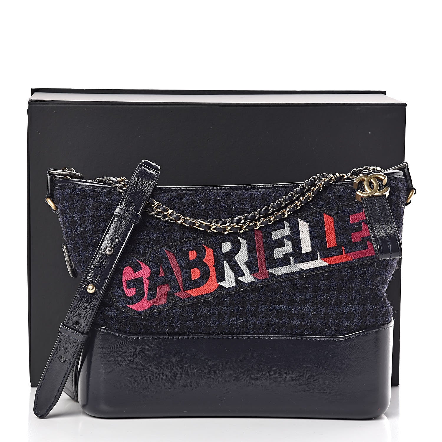 Chanel Tweed Calfskin Quilted Medium Gabrielle Hobo Black Blue 11 of 11