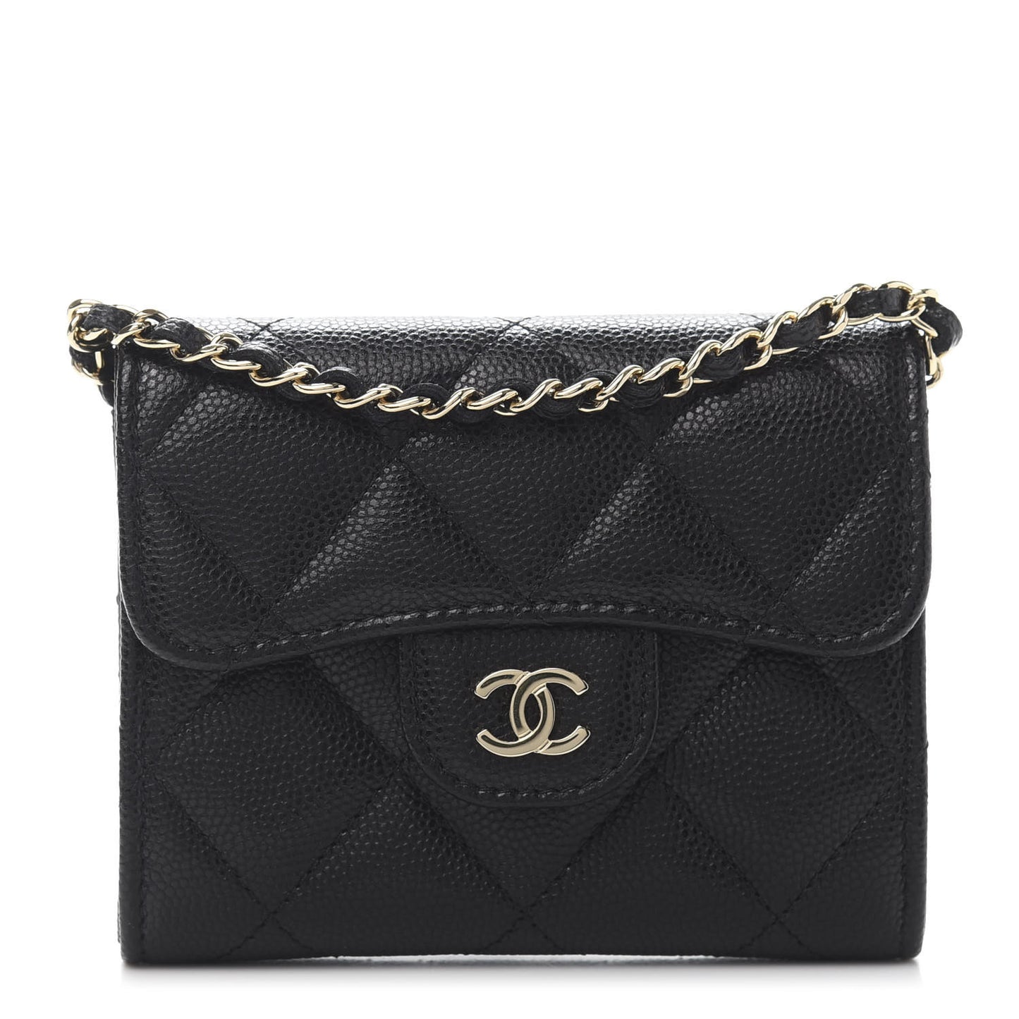 Caviar Quilted Flap Card Holder On Chain Black