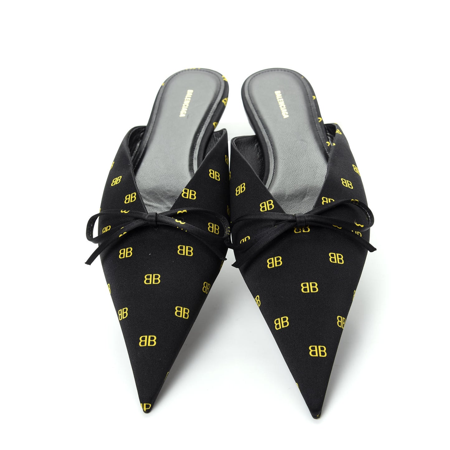 Crepe Satin BB Printed Pointy Toe Knife Flat Mules 37 Black Yellow Fluo