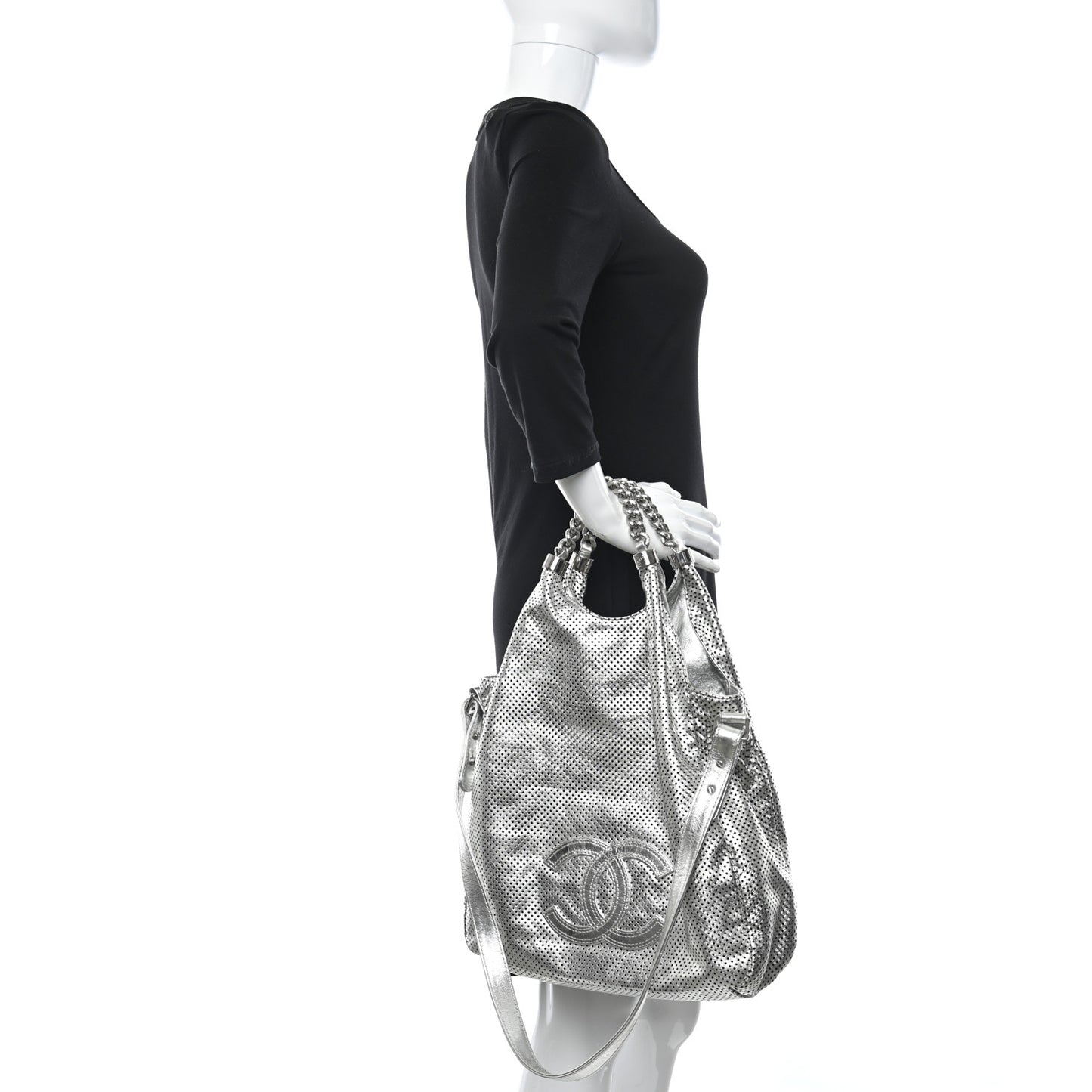 Metallic Glazed Calfskin Perforated Medium Rodeo Drive Tote Silver