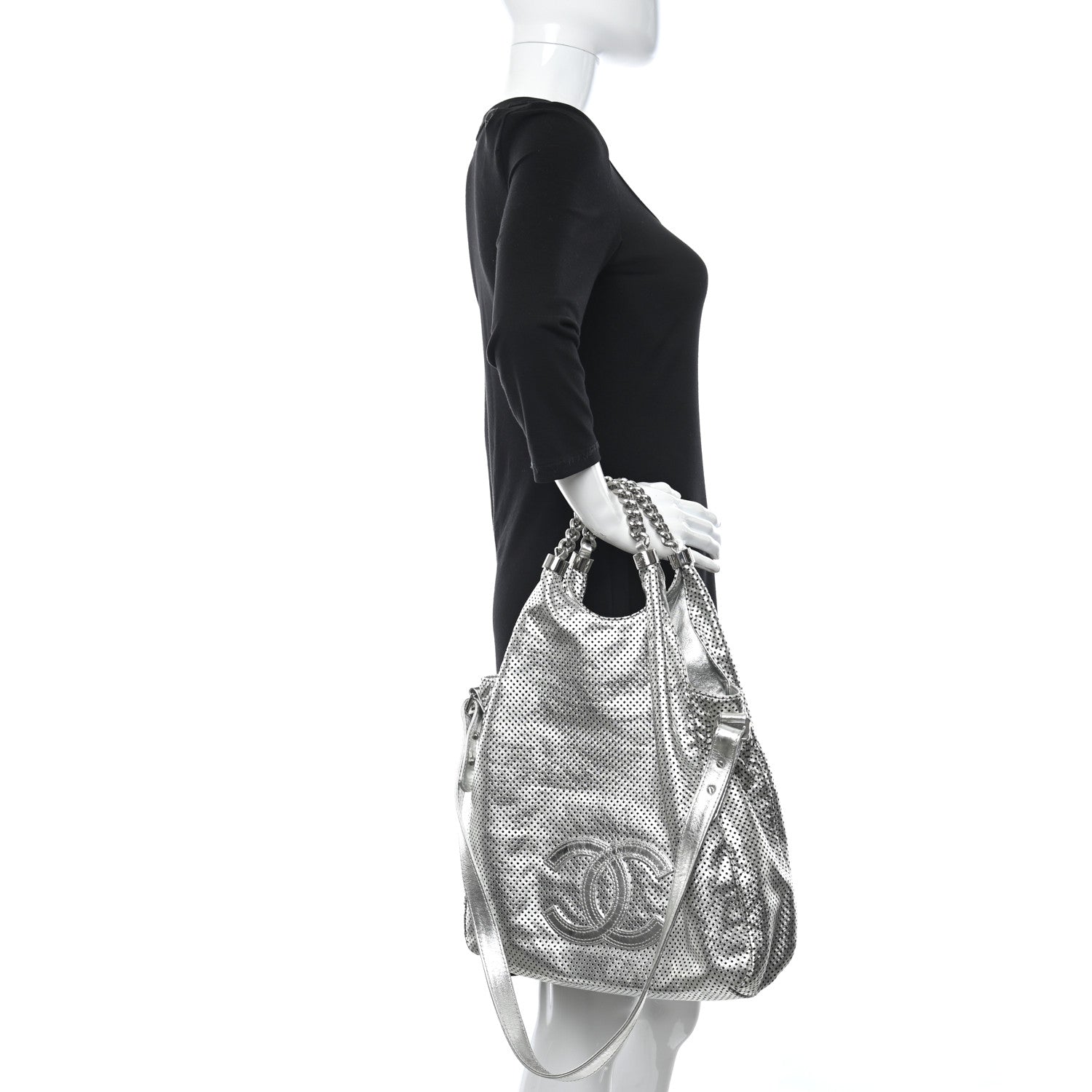 Chanel Metallic Glazed Calfskin Perforated Medium Rodeo Drive Tote Silver 3 of 9