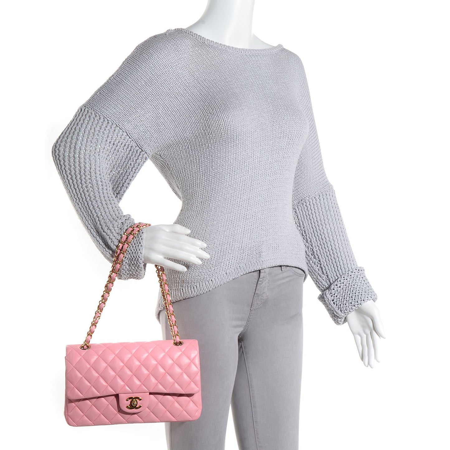 Lambskin Quilted Medium Double Flap Light Pink