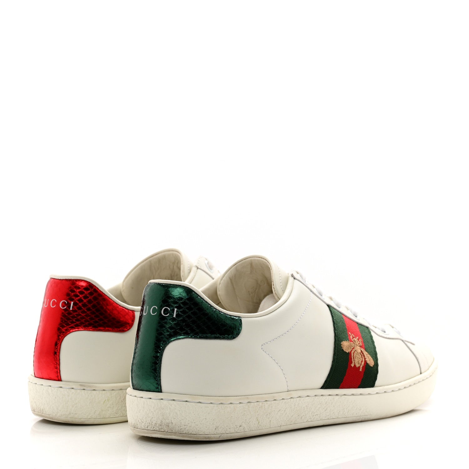 Gucci Calfskin Ayers Bee Embroidered Womens Ace Sneakers 37.5 White Green 4 of 7