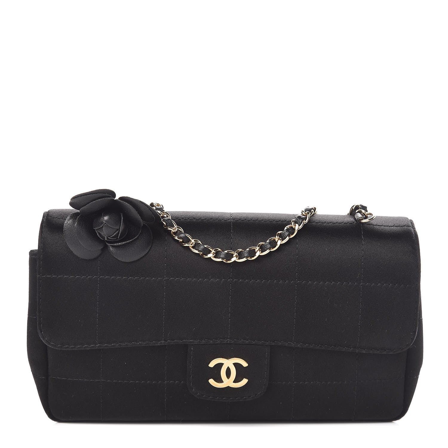 Chanel Satin Chocolate Bar Quilted Camellia Rectangular Mini Flap Black 1 of 10