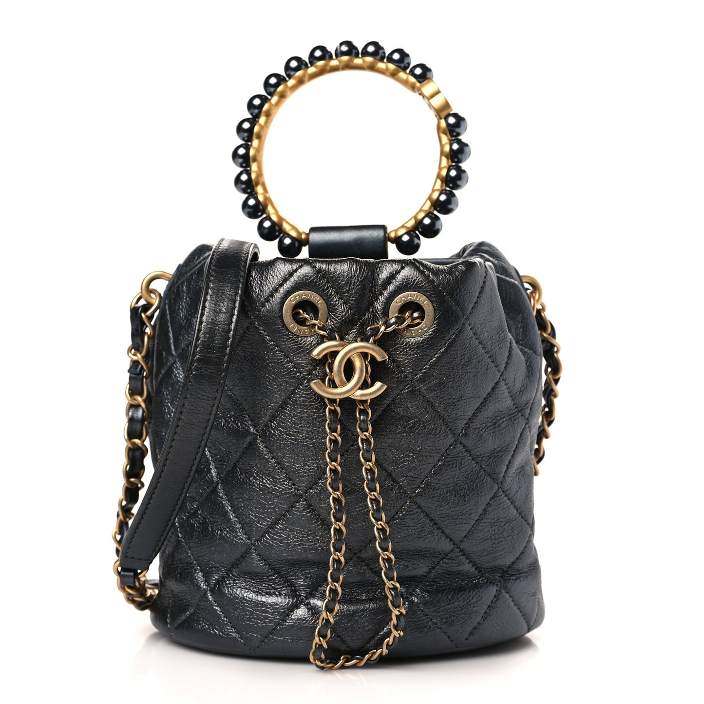 Metallic Lambskin Quilted Pearl Crown Drawstring Bag Anthracite