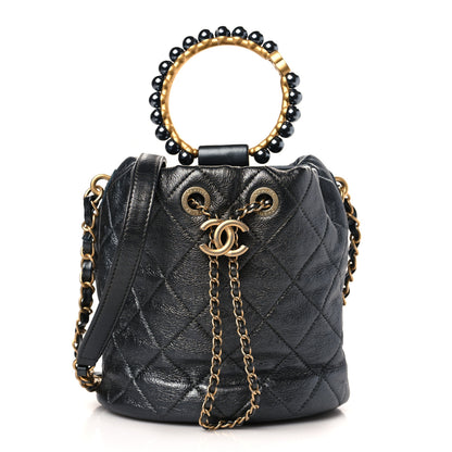 Chanel Metallic Lambskin Quilted Pearl Crown Drawstring Bag Anthracite 1 of 9