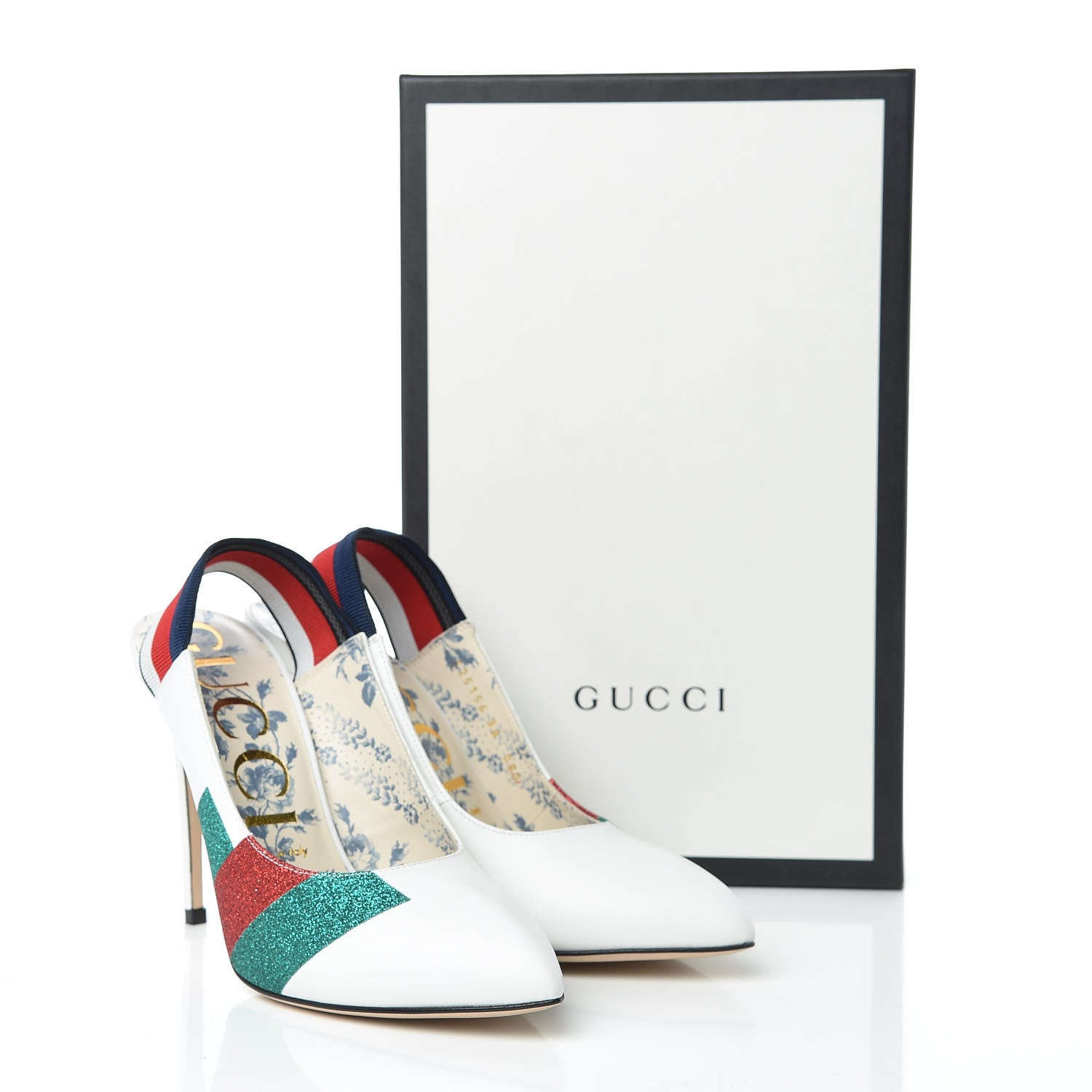 Gucci Calfskin Glitter Web High Heel Slingback Pumps 38 White 9 of 9