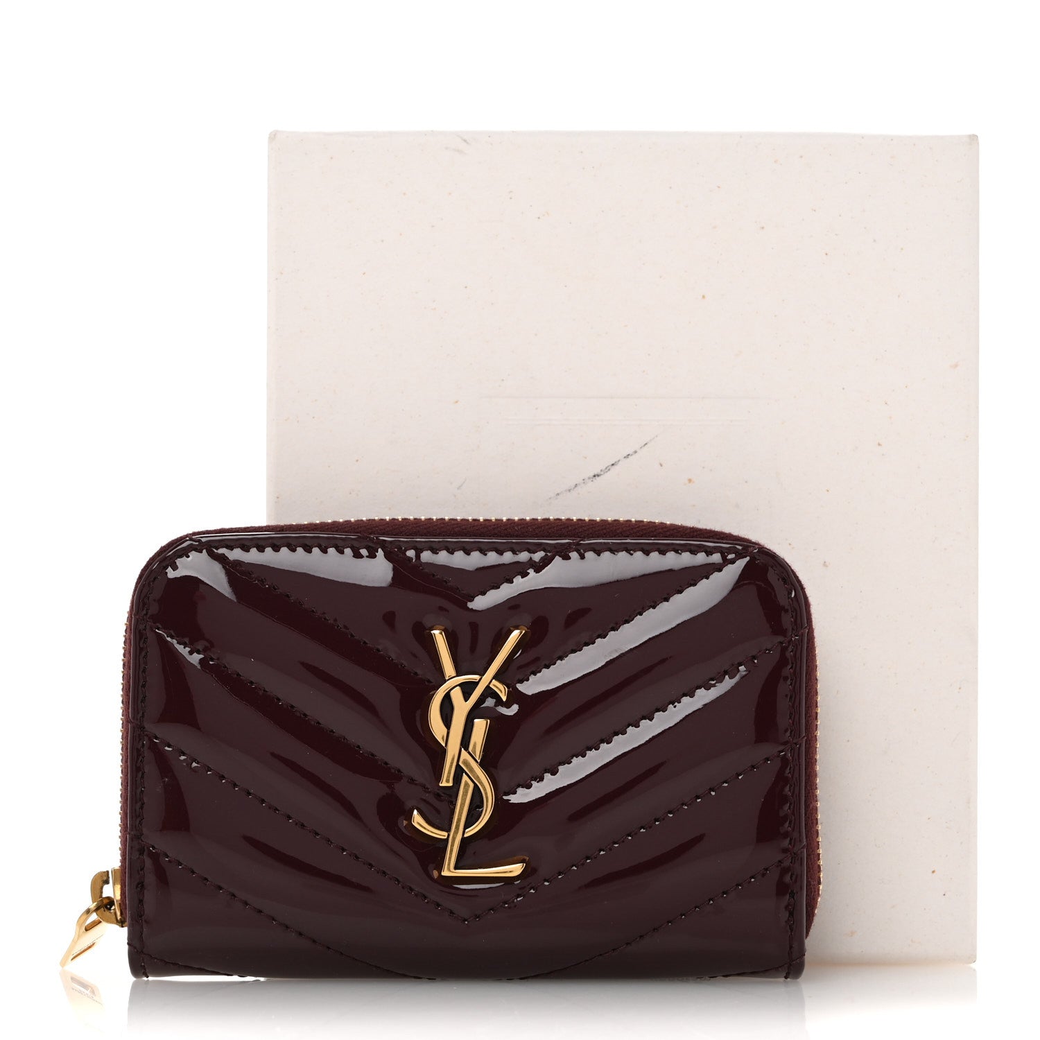 Saint Laurent Patent Matelasse Chevron Monogram Cassandre Compact Zip Around Card Wallet Dark Red Wine 9 of 9
