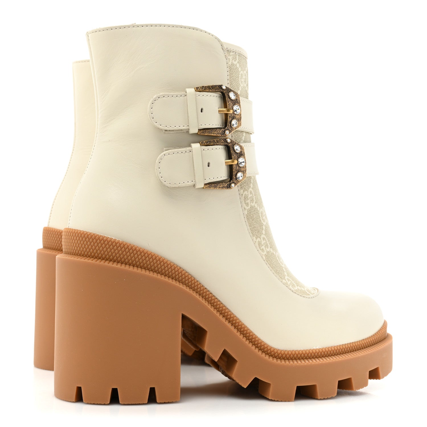 Gucci Kensington Calfskin Nappa GG Supreme Monogram Womens Double Buckle Ankle Boots 35.5 Mystic White Beige 4 of 9
