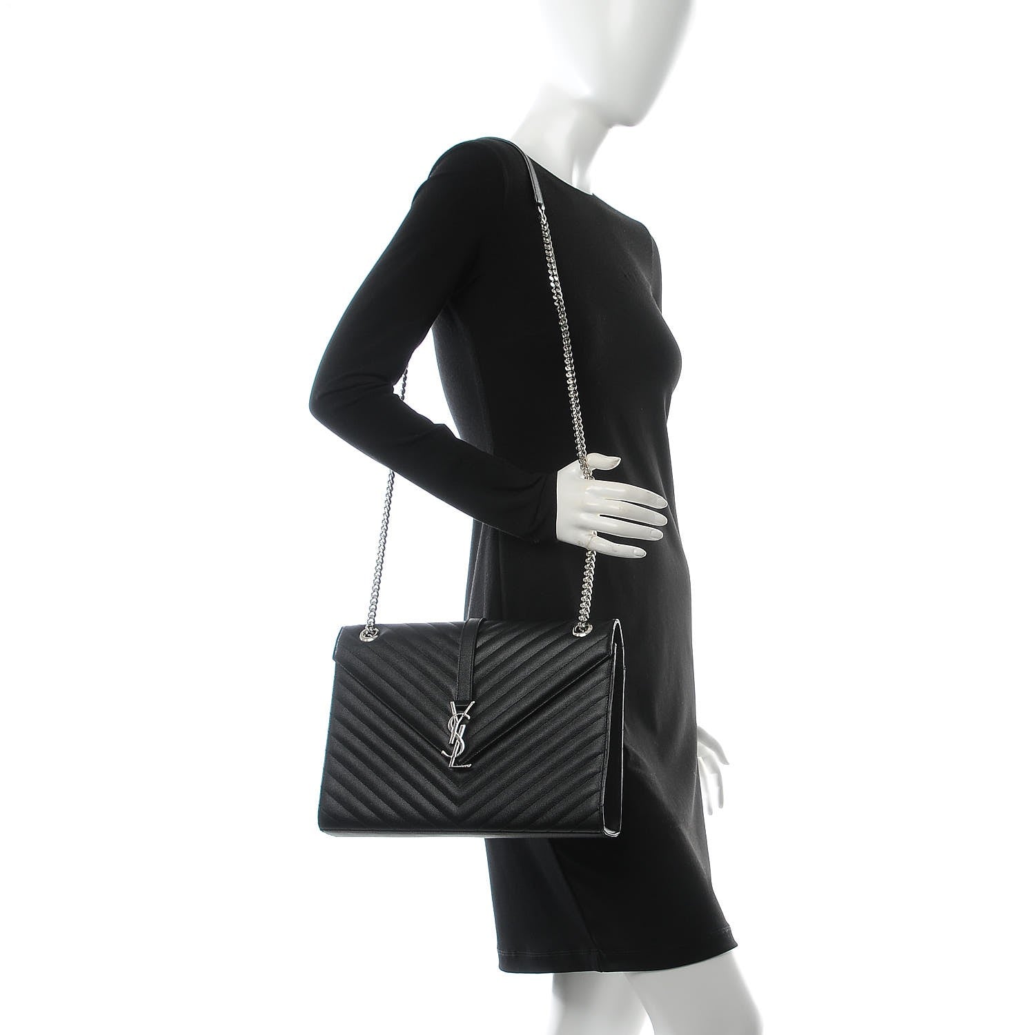 Saint Laurent Grain De Poudre Matelasse Chevron Large Monogram Satchel Black 3 of 9