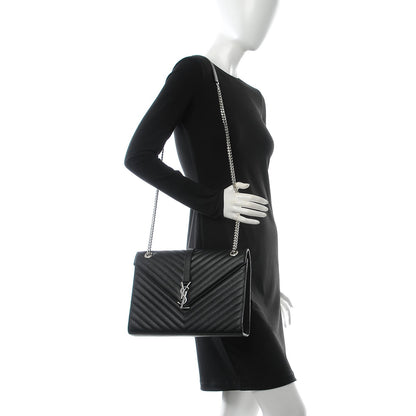 Saint Laurent Grain De Poudre Matelasse Chevron Large Monogram Satchel Black 3 of 9
