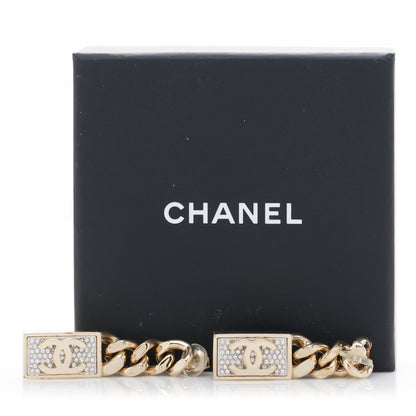 Chanel Crystal Dog Tag Charm Clip On Earrings Gold 5 of 5