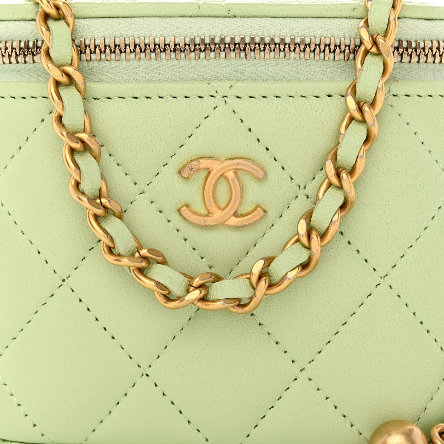 Lambskin Quilted Pearl Crush Mini Vanity Case With Chain Light Green