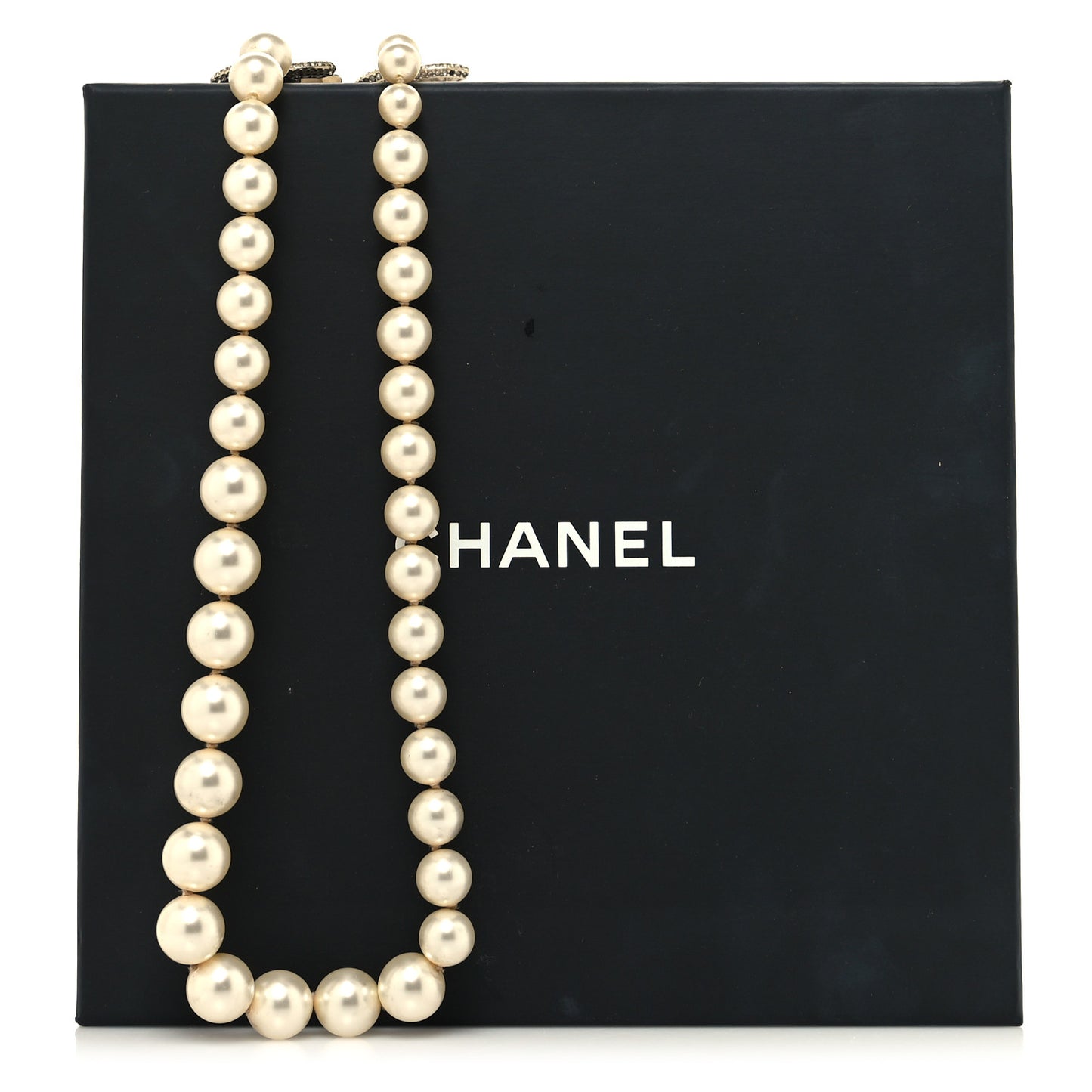 Graduated Pearl Crystal CC Long Necklace White