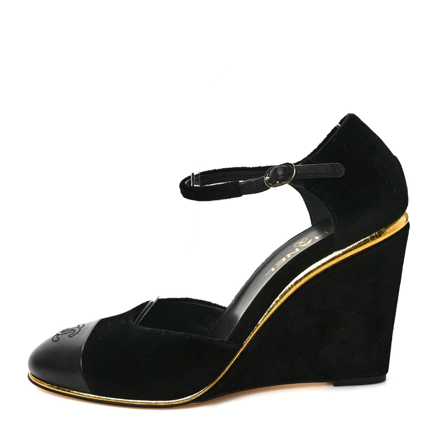 Velvet Lambskin Cap Toe Wedges 39.5 Black