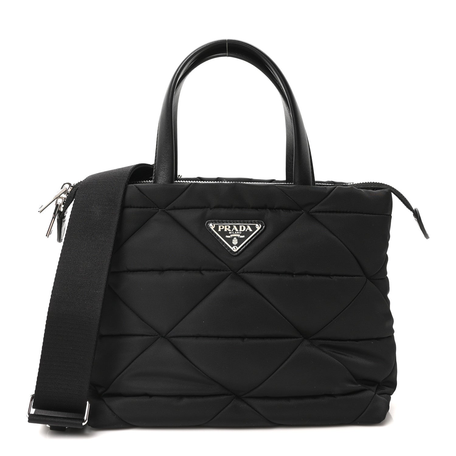 Prada Re-Nylon Nappa Triangle Quilted Padded Double Handled Zip Pocket Tote Black 1 of 21