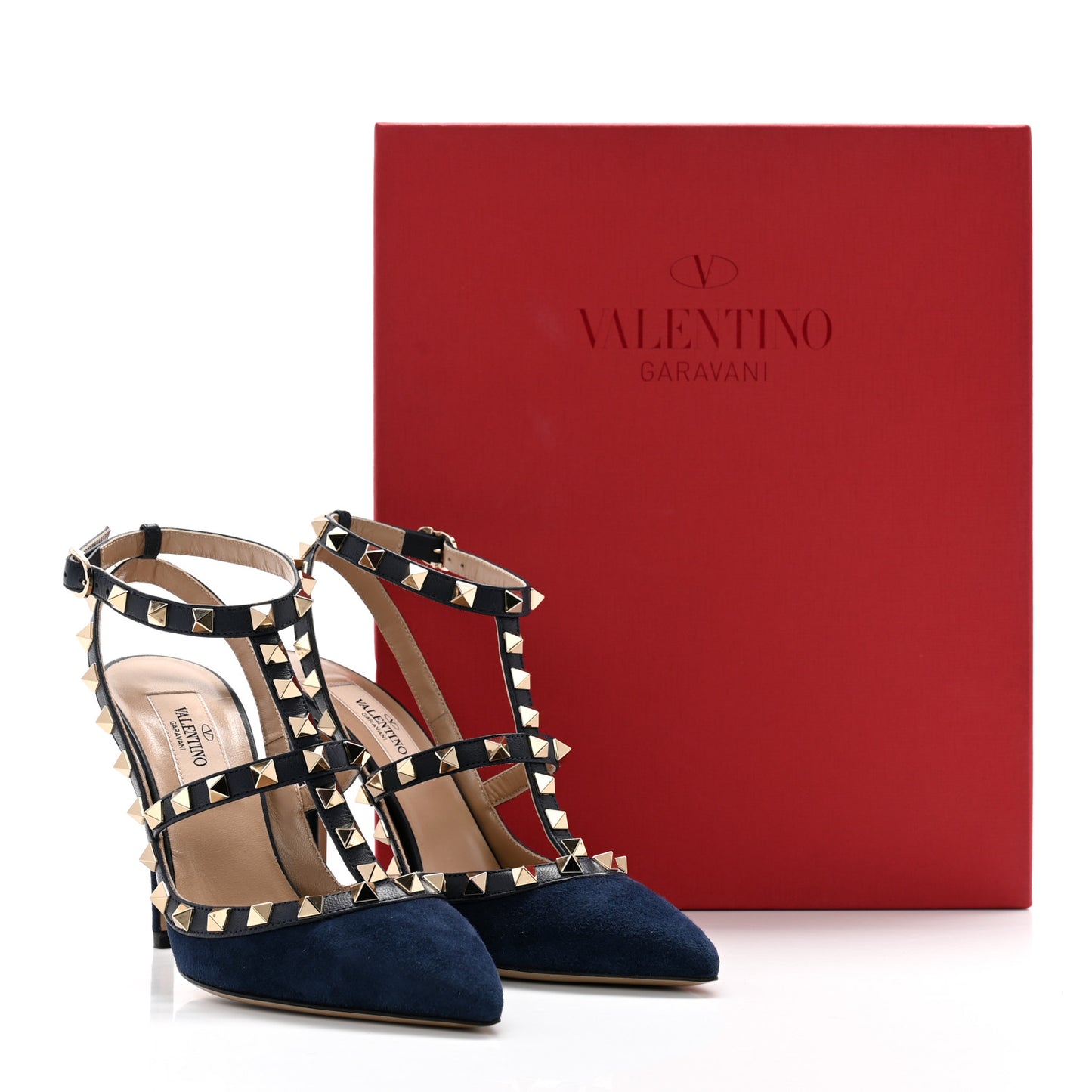 Suede Nappa Rockstud Ankle Strap 100mm Pumps 35 Marine