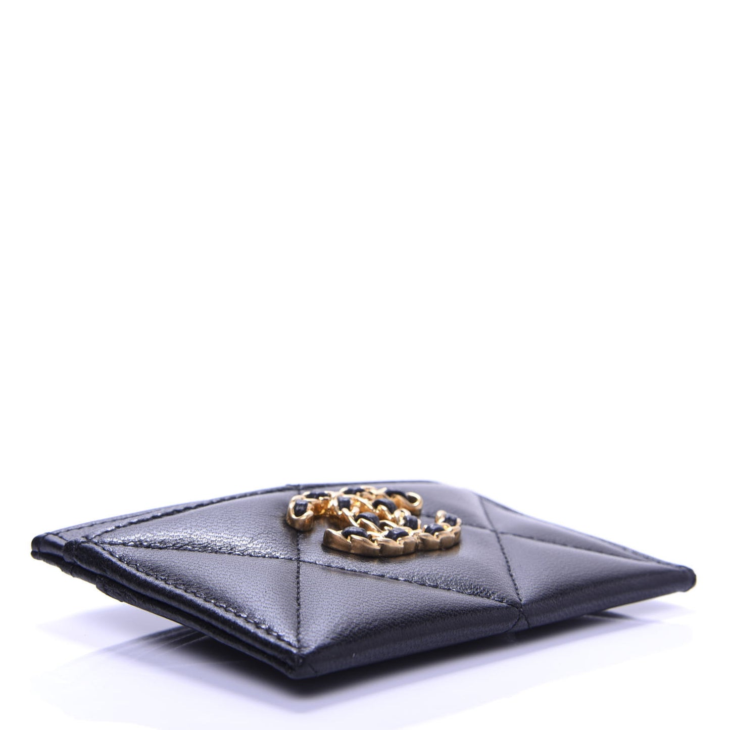 Shiny Goatskin Quilted Chanel 19 Card Holder Black