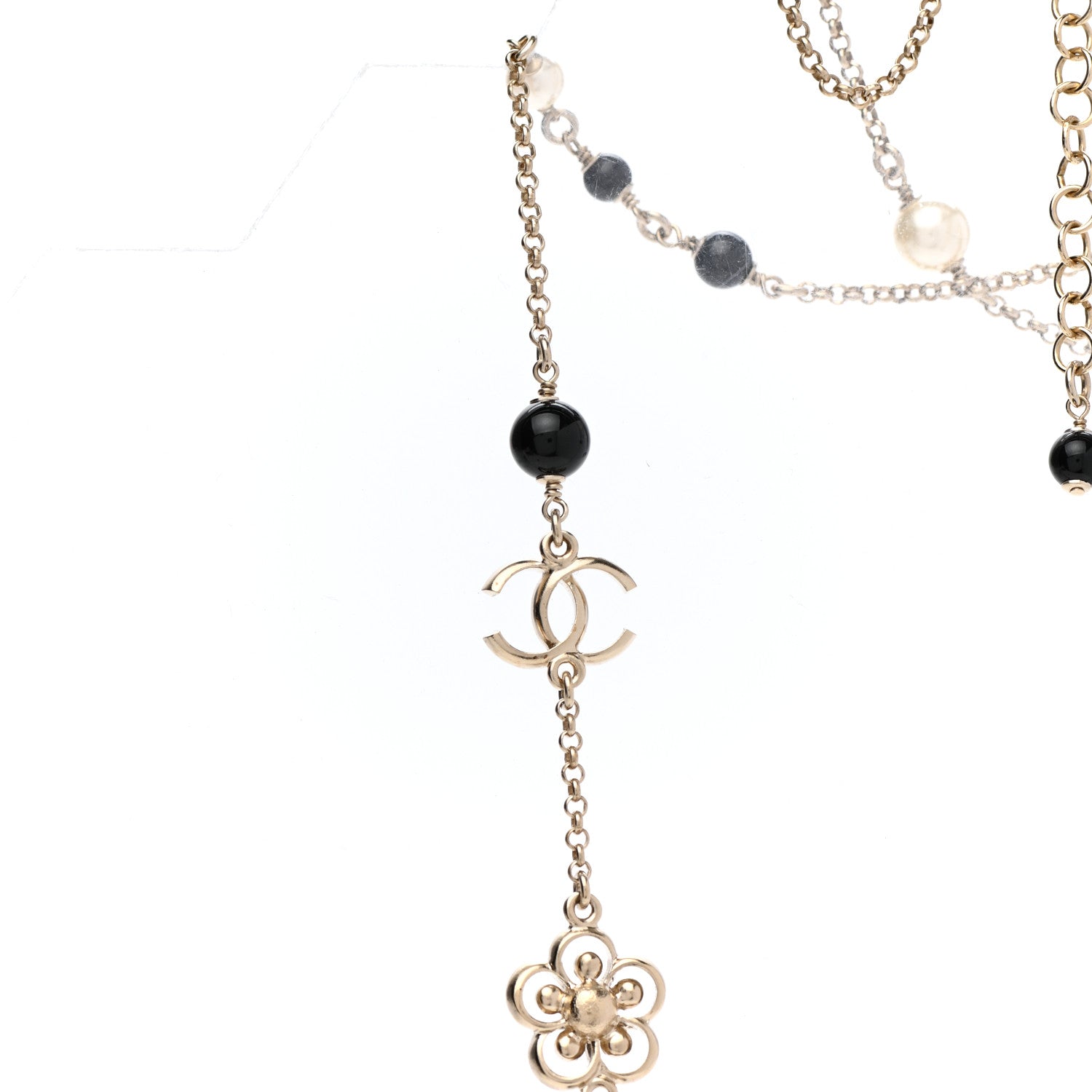Chanel Pearl Crystal Flower CC Necklace Gold Black 5 of 7
