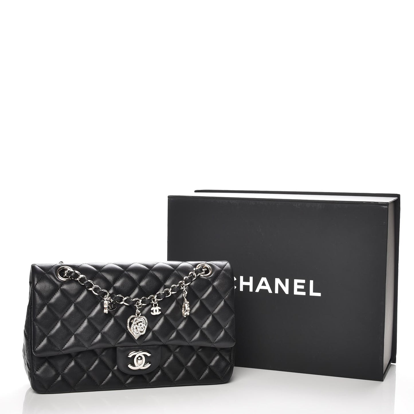 Lambskin Quilted Valentine Charms Medium Single Flap Black