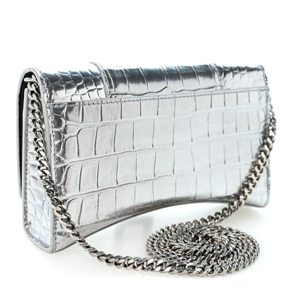 Balenciaga Metallic Calfskin Crocodile Embossed Hourglass Chain Bag Silver 3 of 10