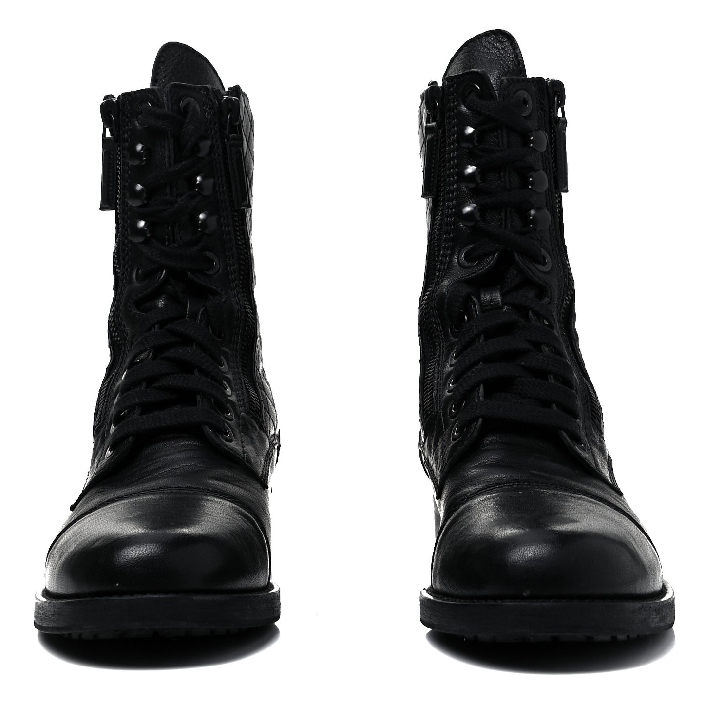 Calfskin Quilted Lace Up Combat Boots 39 Black