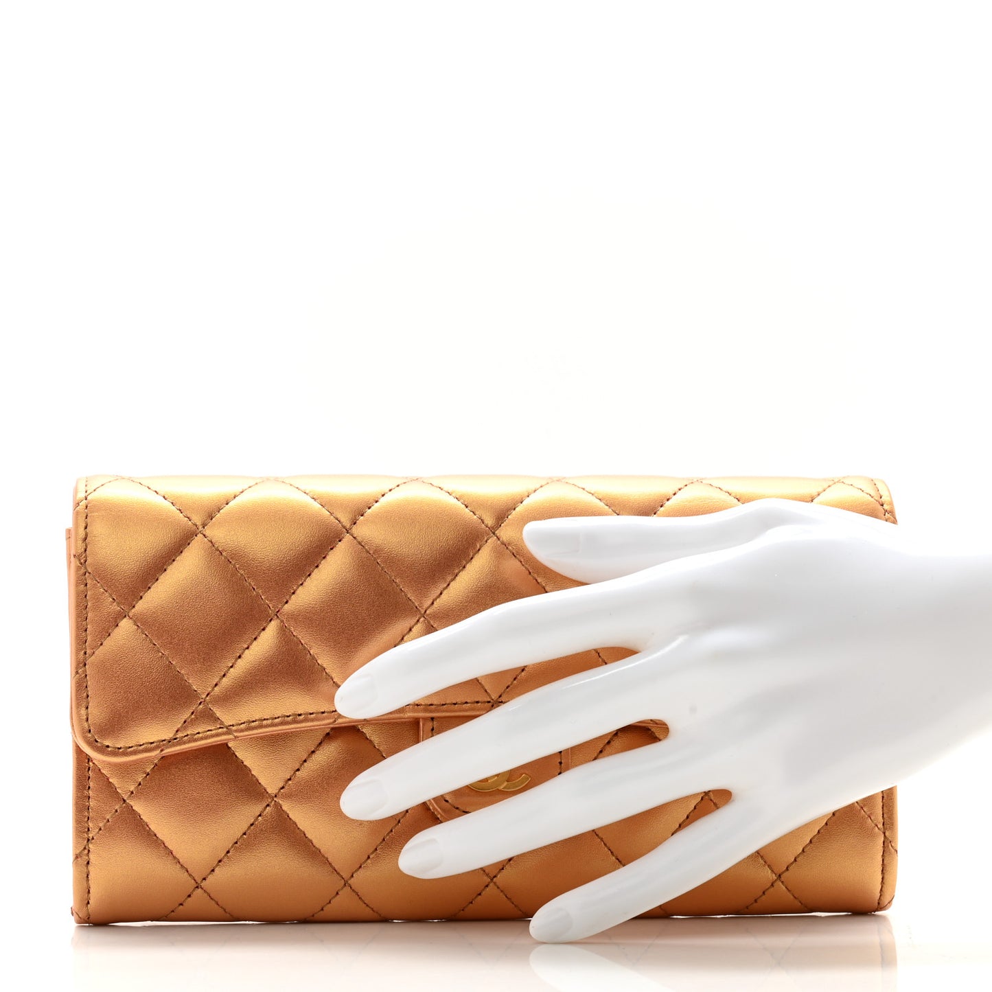 Metallic Lambskin Quilted Large Gusset Flap Wallet Golden