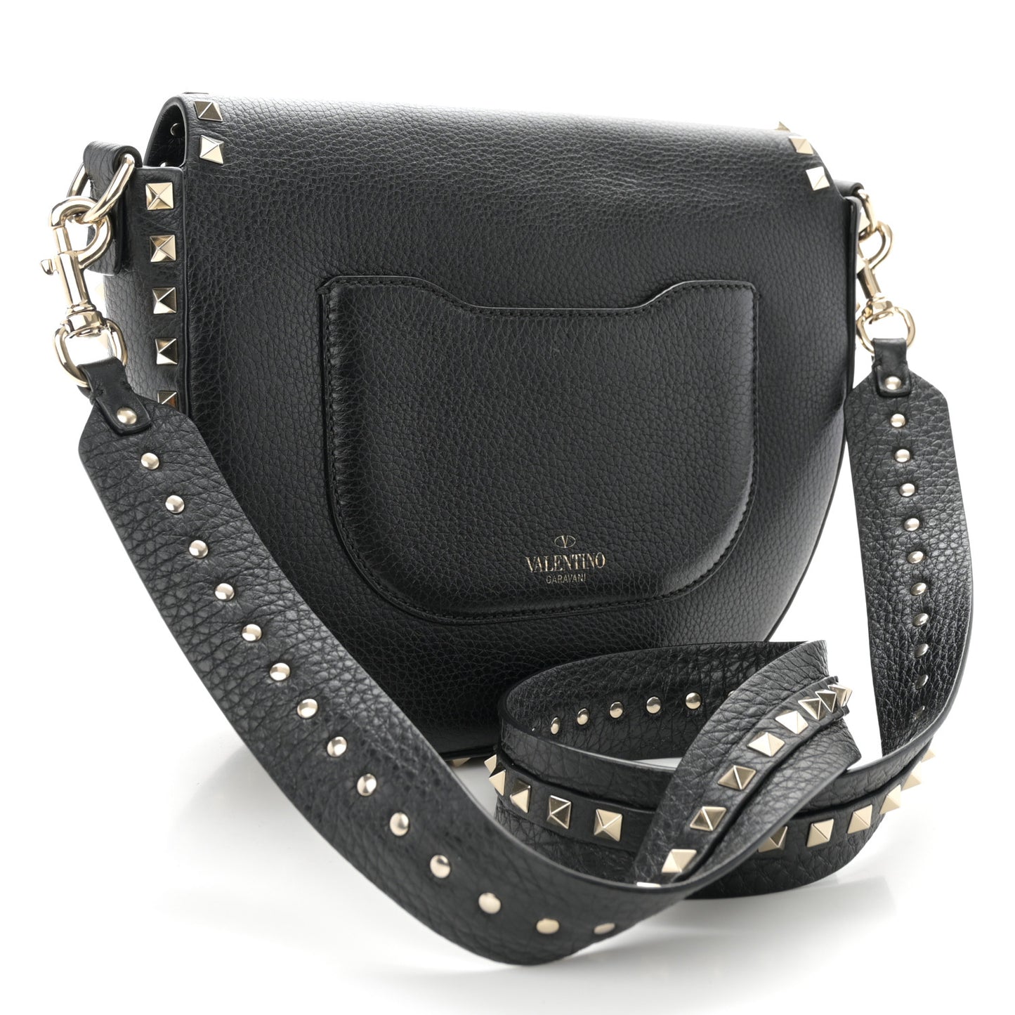 Grained Calfskin Rockstud Saddle Bag Black