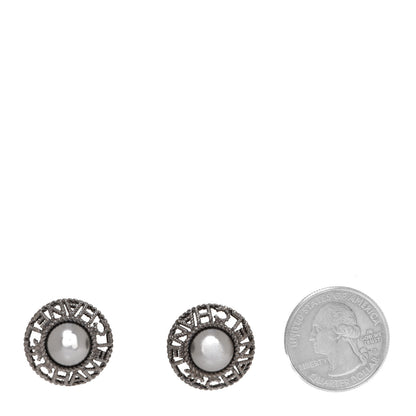 Chanel Crystal Pearl Bead CC Round Earrings Silver Black 2 of 4
