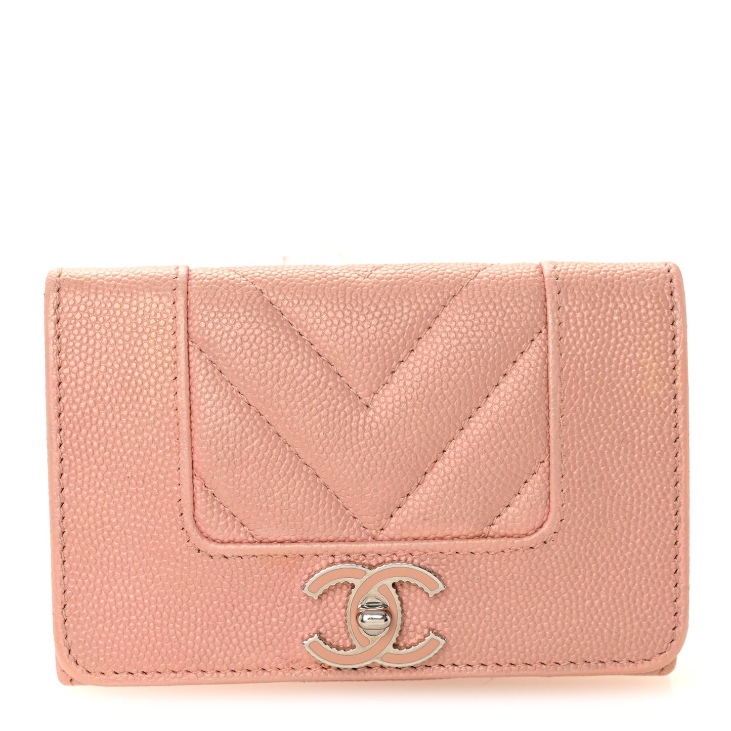 Metallic Caviar Chevron Quilted Vintage Mademoiselle Flap Card Holder Pink