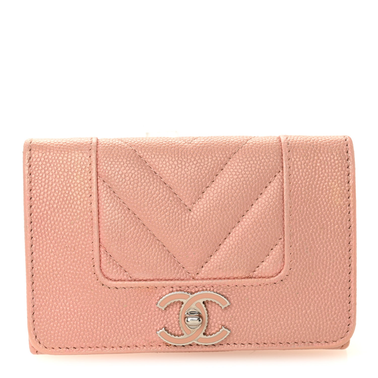 Chanel Metallic Caviar Chevron Quilted Vintage Mademoiselle Flap Card Holder Pink 1 of 9