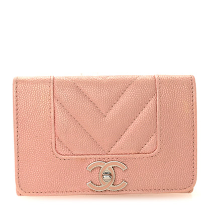 Chanel Metallic Caviar Chevron Quilted Vintage Mademoiselle Flap Card Holder Pink 1 of 9