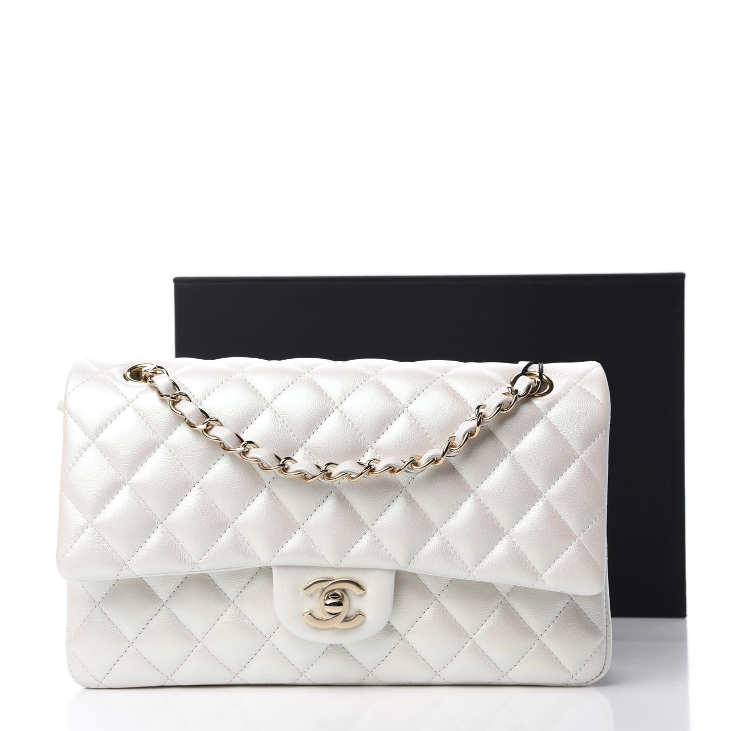 Iridescent Calfskin Quilted Medium Double Flap White