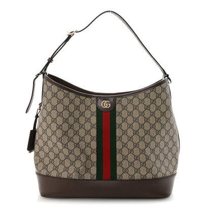Gucci GG Supreme Monogram Textured Dollar Calfskin Web Large Ophidia Bucket Shoulder Bag Beige Ebony New Acero 1 of 9