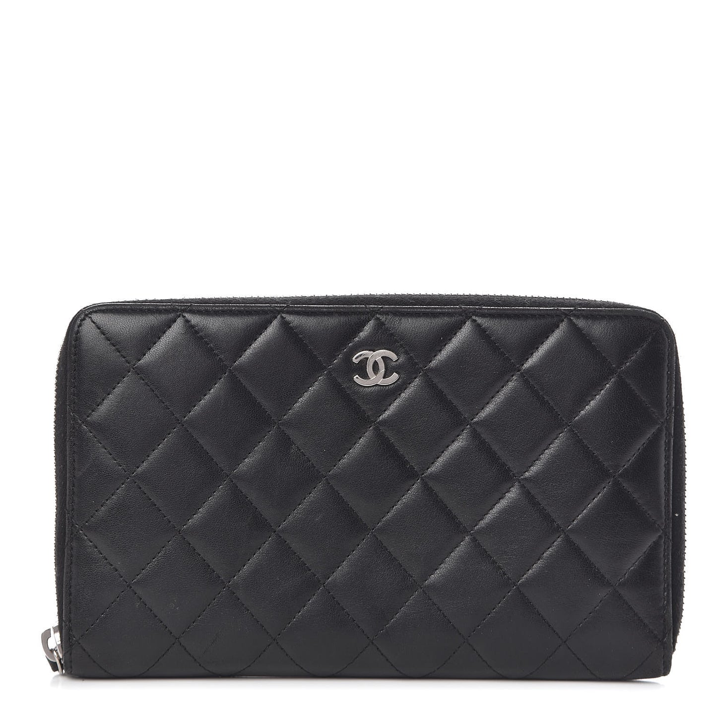 Lambskin Quilted Large Zip Around Organizer Wallet Black