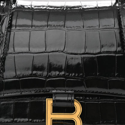 Balenciaga Shiny Calfskin Crocodile Embossed Small Hourglass Top Handle Bag Black 7 of 9