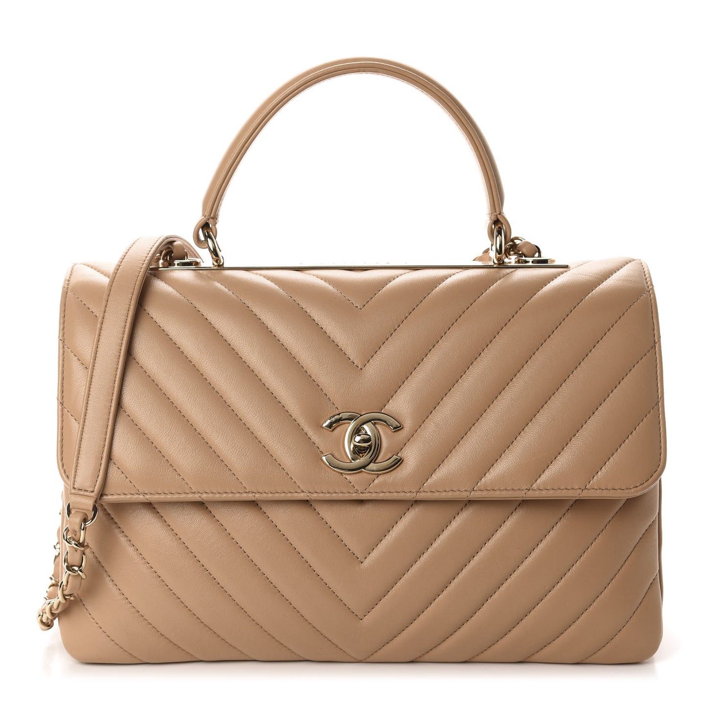Lambskin Chevron Quilted Medium Trendy CC Dual Handle Flap Bag Beige