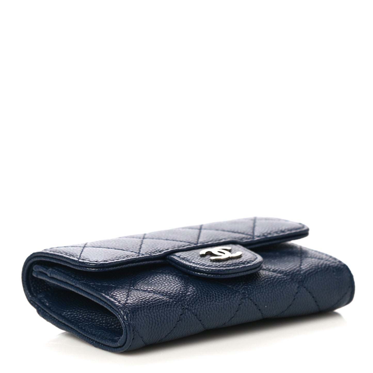 Caviar Quilted Flap Card Holder Wallet Navy Blue