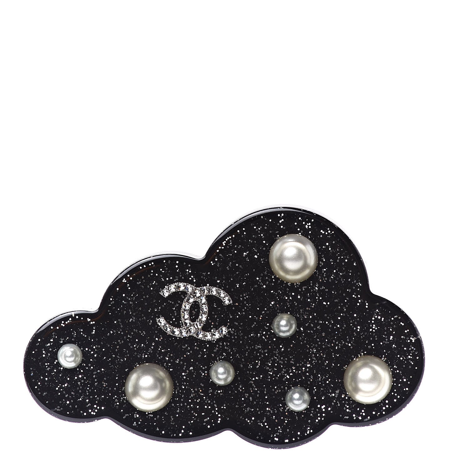 Chanel Glittered Resin Crystal Pearl CC Cloud Brooch Black Silver 1 of 6