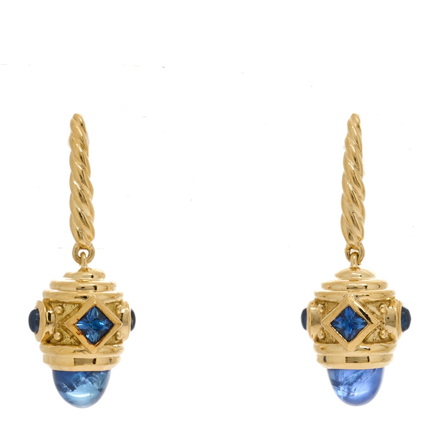 18K Yellow Gold Blue Sapphire Renaissance Drop Earrings