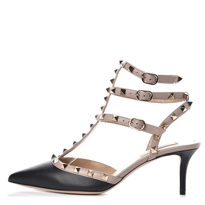 Valentino Garavani Calfskin Nappa Rockstud Ankle Strap 65mm Pumps 38.5 Black Poudre 1 of 10